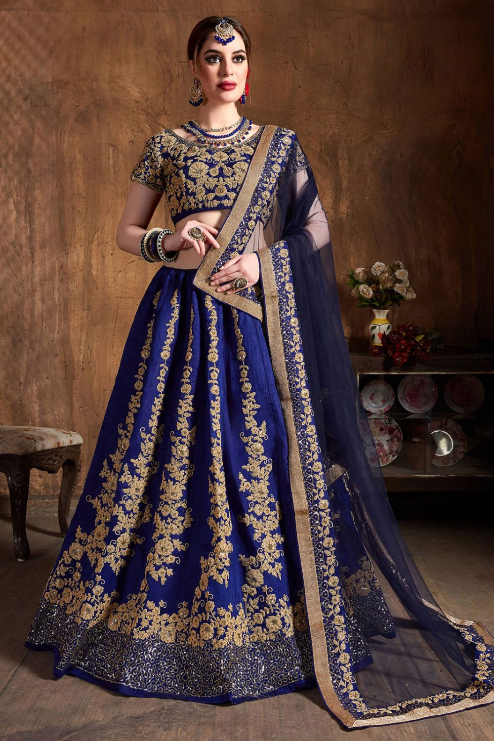 Royal blue pomme panel lehenga with embroidered pear green blouse – Seharre  by Sahithee Reddy