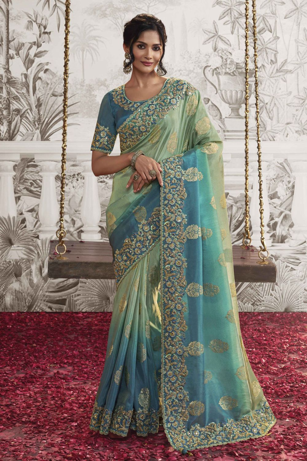 Teal Color Silk Wedding Wear Saree