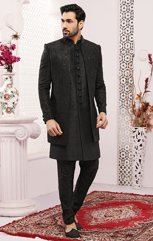 Black Heavy Designer Indo Western Style Suit