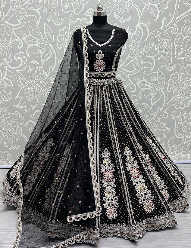 Elegant Collection Art Velvet Black Designer Lehenga Choli With Net Dupatta  – Kaleendi