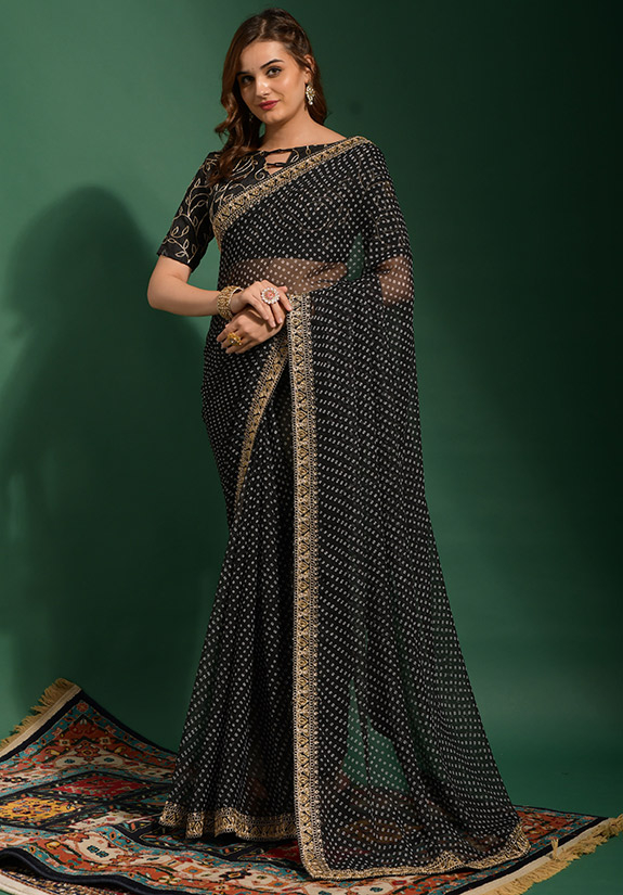 Foil Printed Chiffon Saree in Black : SKK36206