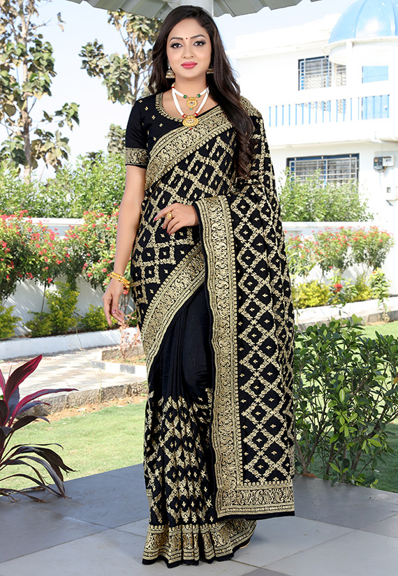 Black Jaal Block Print Linen Zari Saree with Blouse Piece – baisacraft