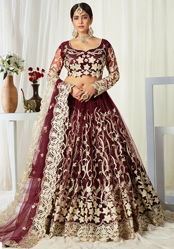 Buy Velvet Bridal Lehenga Choli In Dark Maroon Colour Online - LLCV01729 |  Andaaz Fashion