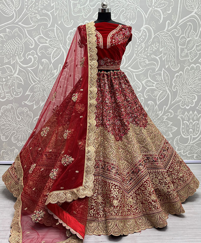 Cherry colour bridal outlet lehenga