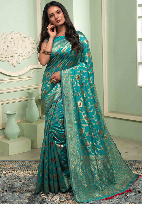 Firozi Banarasi Handloom Kora Silk Saree - Aura Benaras