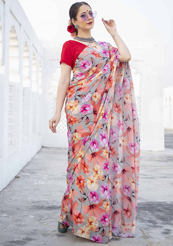 Shop Dusty Pink and Black Printed Crepe Satin Saree Online in USA – Pure  Elegance