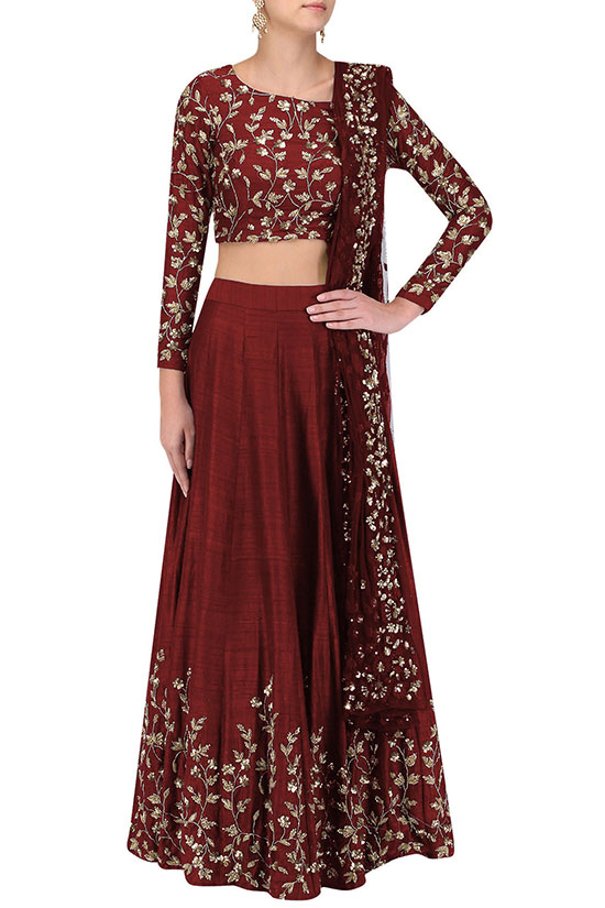 MAROON BRIDAL VELVET LEHENGA WITH CROP TOP AND EMBELLISHMENT -