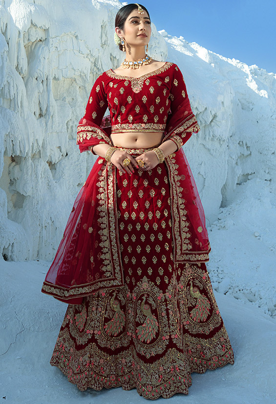 Maroon Embroidered Net Bridal Lehenga Choli