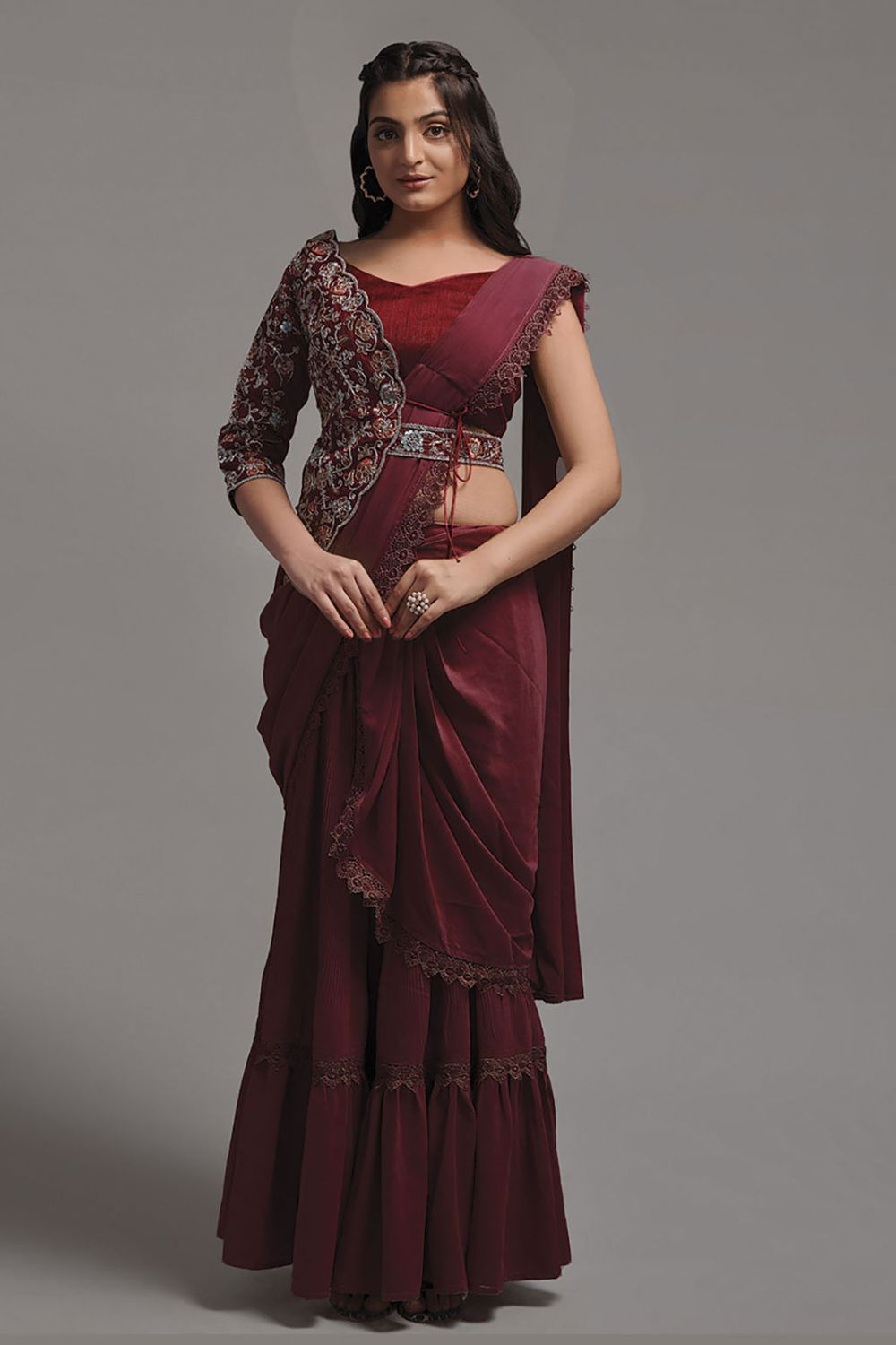 Maroon Embroidered Velvet Lehenga – Lashkaraa