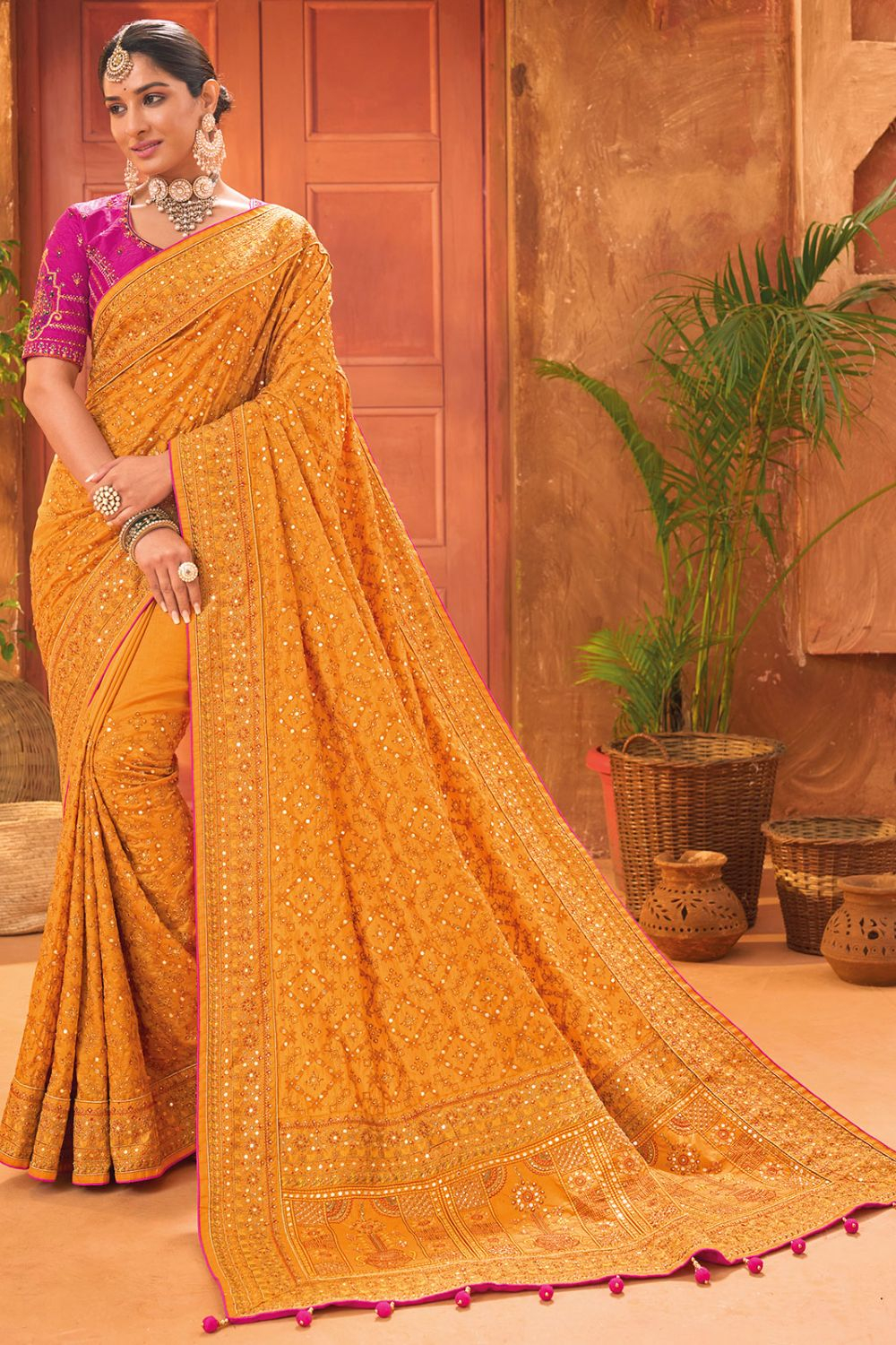 Buy Silk Fabric Yellow Color Saree With Embroidered Designer Blouse online  from SareesBazaar IN at lowest prices