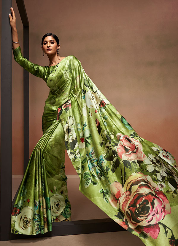 Gleaming Digital Print Sea Green Satin Contemporary Saree -