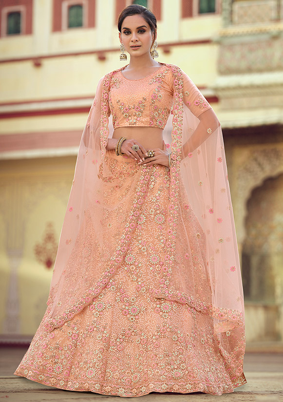 Designer Peach Elegant Bridal Reception Lehenga In Crepe SFARY10903 –  ShreeFashionWear