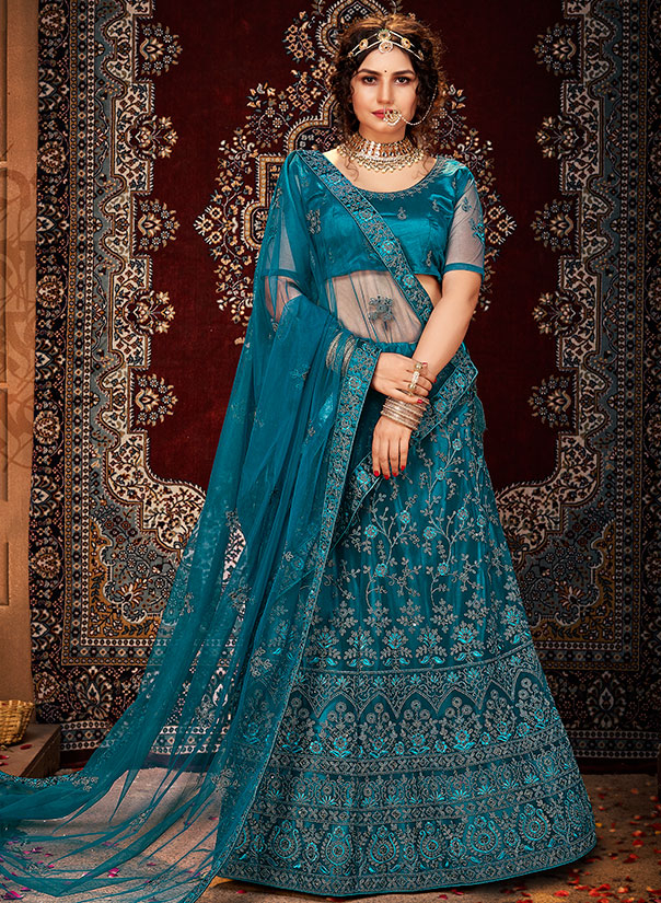 Peacock Blue Embroidered Lehenga Set Design by Suruchi Parakh at Pernia's  Pop Up Shop 2024