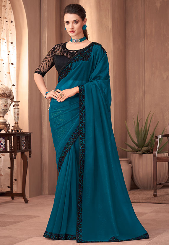 Peacock Blue Ready To Wear Saree With Ready Made Blouse