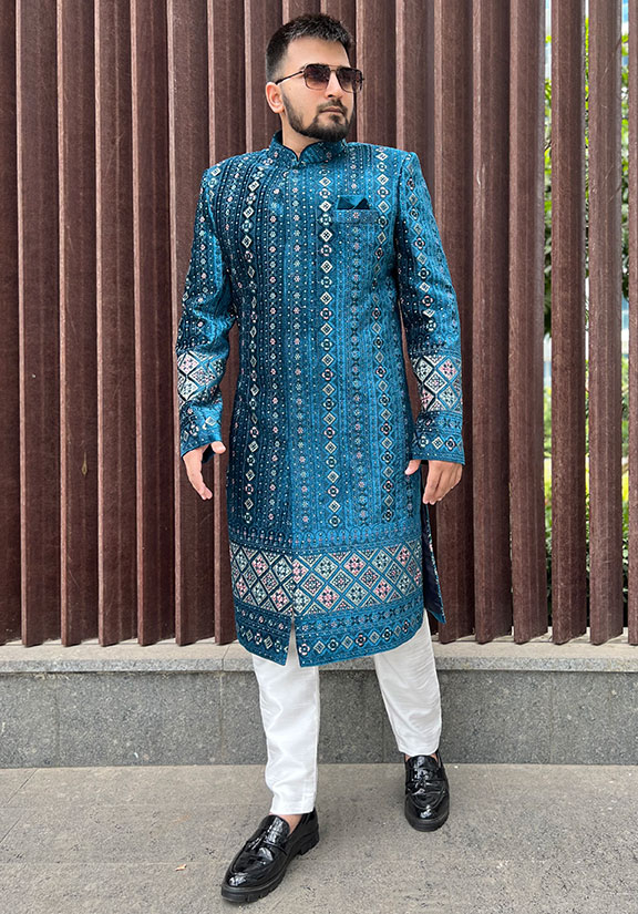 Peacock Blue Velvet Designer Sherwani