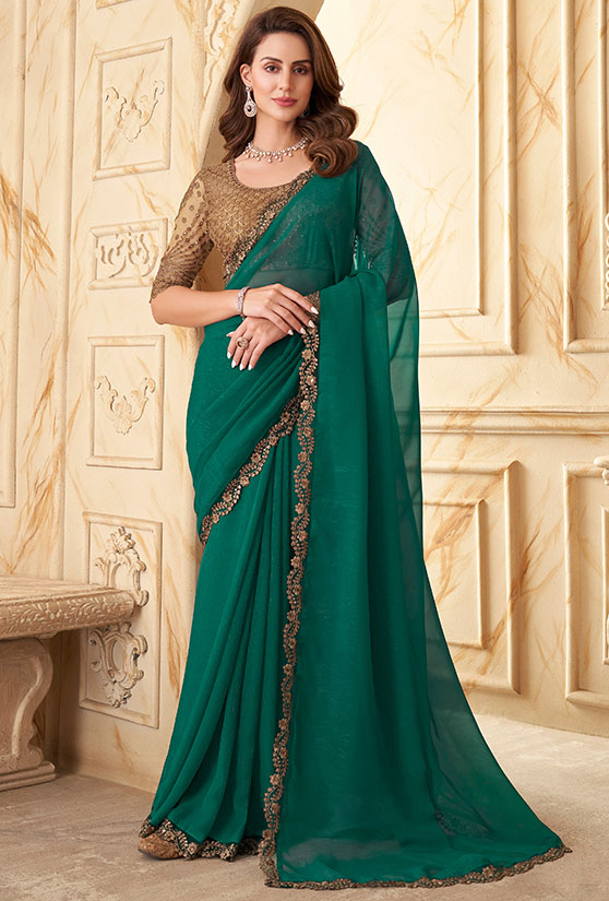 Saree Rama green with Embroidered Silk - SR24439