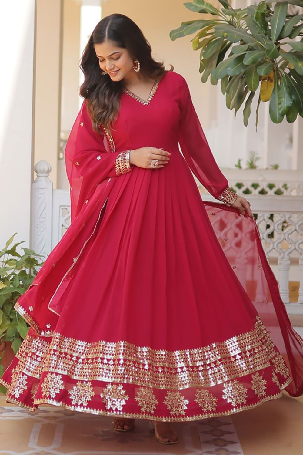 Rani Pink Indowestern Gown With Embellished Drape And Extended Floor Length  Sleeve Online - Kalki Fashion | Indowestern gowns, Long gown design, Indian  fashion dresses