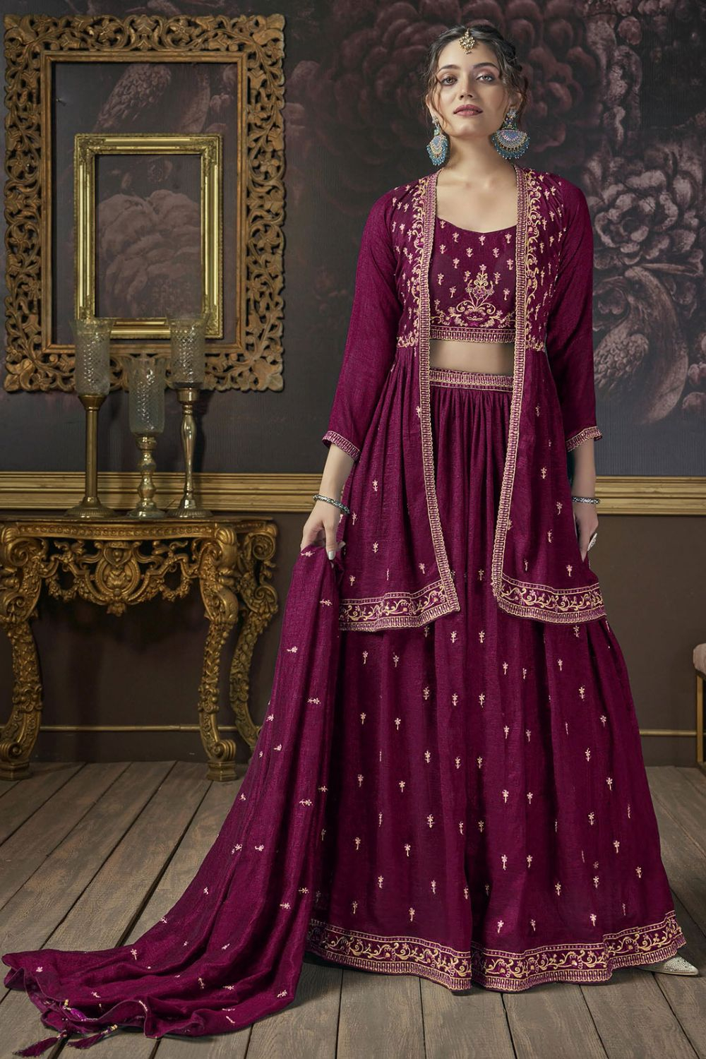 Buy Dusty Pink Embroidered Jacket Lehenga For Women Online