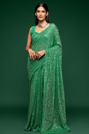 Emerald Green Sequined Georgette Designer Saree