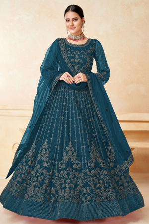 Peacock Blue Embroidered Net Anarkali Suit
