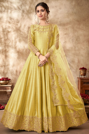 Lemon Yellow Embroidered Art Silk Anarkali Dress