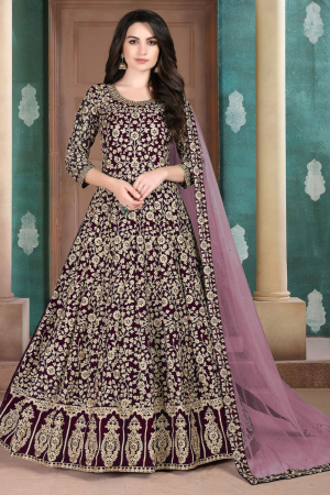 Maroon Party Wear Anarkali Gown Suit With Designer Georgette