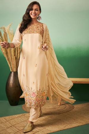 Apricot Embroidered Georgette Pant Kameez