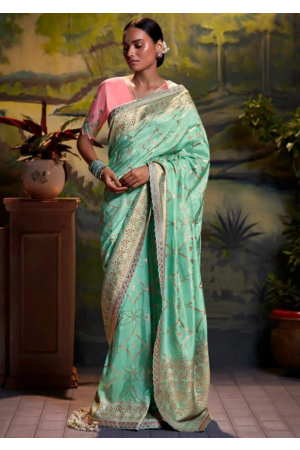 Aqua Mint Silk Saree with Embroidered Blouse