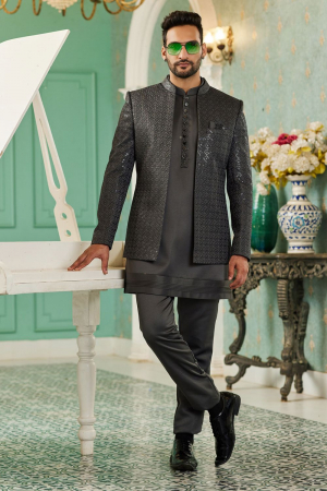 Black Art Silk 3 Pcs Jodhpuri Suit