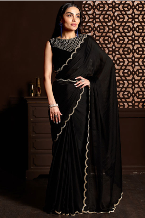 Buy Zari Jaipur Black Georgette Embellished Saree with Unstitched Blouse  online