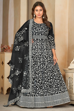 Black Embroidered Net Anarkali Dress for Festival
