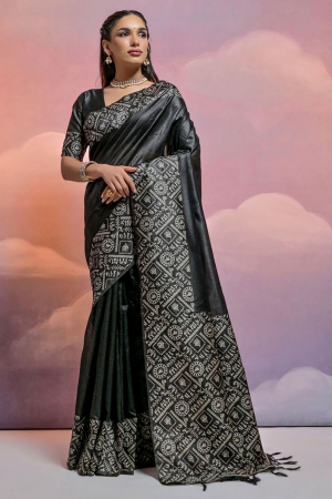 Black Handloom Raw Silk Woven Saree