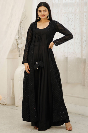 Black Rayon Gown with Crochet Work Georgette Shrug