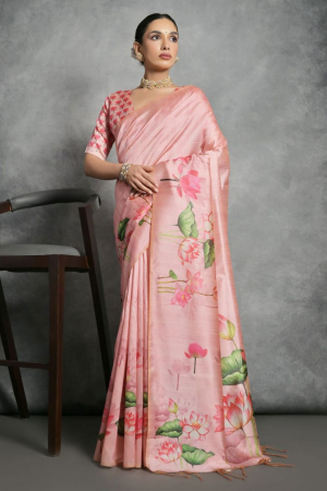 Blush Peach Printed Tussar Silk Saree