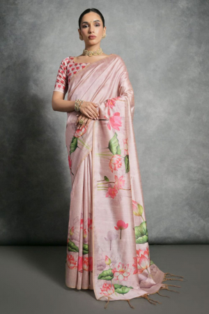 Blush Pink Printed Tussar Silk Saree