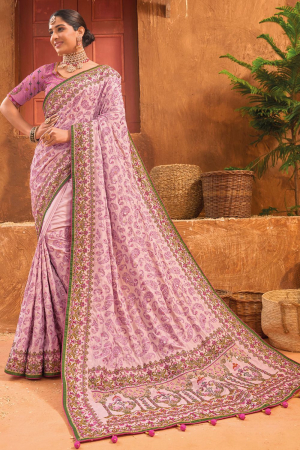 Blush Pink Pure Kutchi Handwork Banarasi Silk Saree