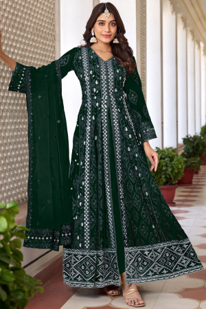 Bottle Green Embroidered Faux Georgette Pant Kameez