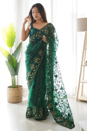 Bottle Green Embroidered Net Saree for Party