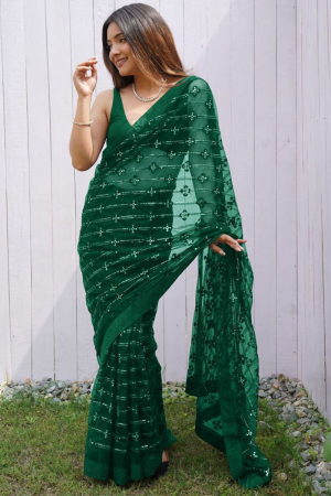 Bottle Green Embroidered Net Saree