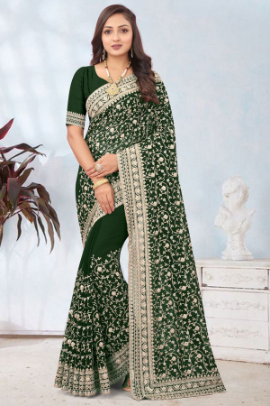Bottle Green Georgette Cord Embroidered Saree