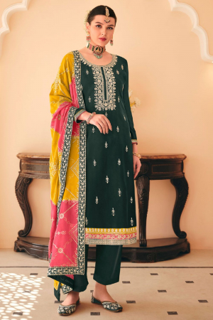 Bottle Green Heavy Chinnon Embroidered Trouser Kameez Suit