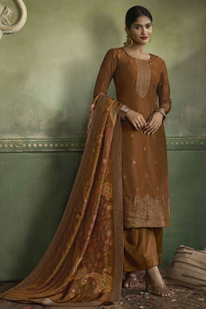 Brown Viscose Jacquard Party Wear Readymade Suit