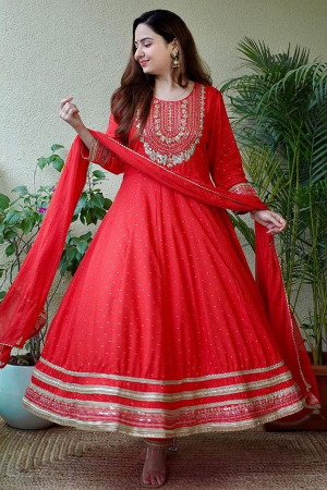 Candy Red Embroidered Rayon Readymade Anarkali Suit