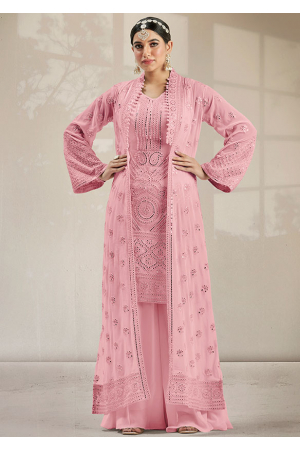 Carnation Pink Embroidered Georgette Palazzo Kameez