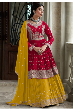 Cherry Red Embroidered Faux Georgette Lehenga Kameez