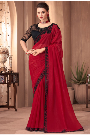 Cherry Red Silk Saree with Embroidered Blouse