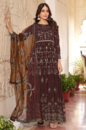 Coffee Brown Embroidered Faux Georgette Anarkali Suit