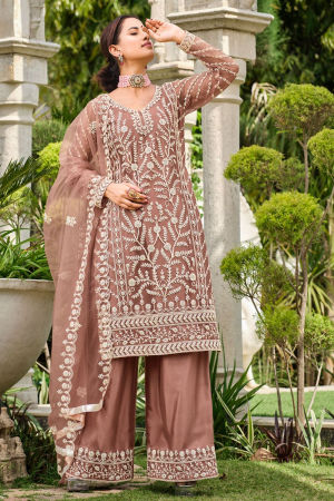 Copper Brown Pure Butterfly Net Palazzo Suit