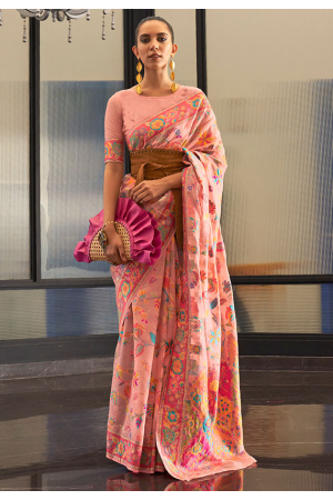 Coral Pink Kashmiri Modal Handloom Weaving Saree