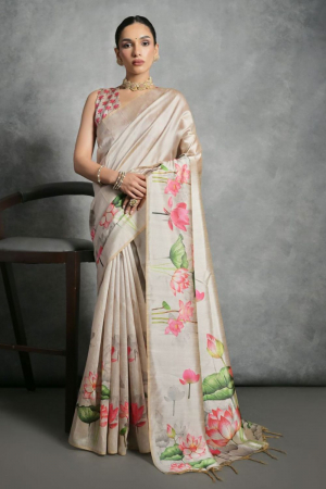 Cream Printed Tussar Silk Saree